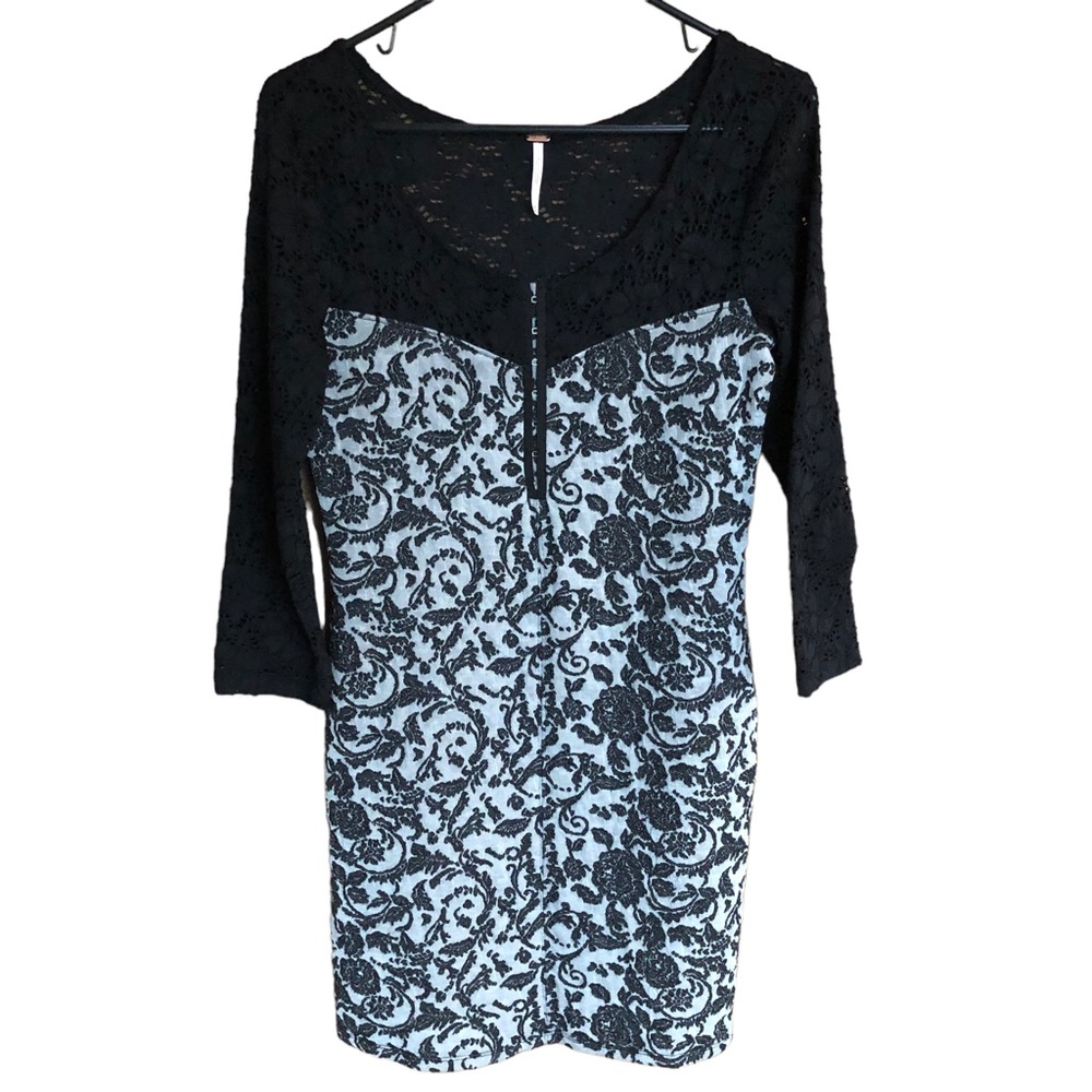 Free People Love You to Pieces Black Gray Floral Mini Bodycon Dress Size M